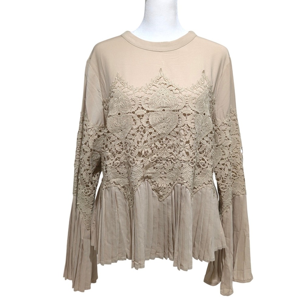 Tan Beige Lace Crochet Pleated Peplum Bell Sleeve Blouse M Alice Blue NEW